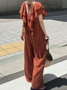 FRIFUL 女士橙色连体裤，V领系带，夏季度假连体裤 - 橘色 - 查看 3