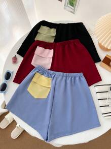 Set de 3 pantalones de estar en casa de mujer con bolsillos, diseño de bloques de color y textura de burbujas - Multicolor - Ver 1