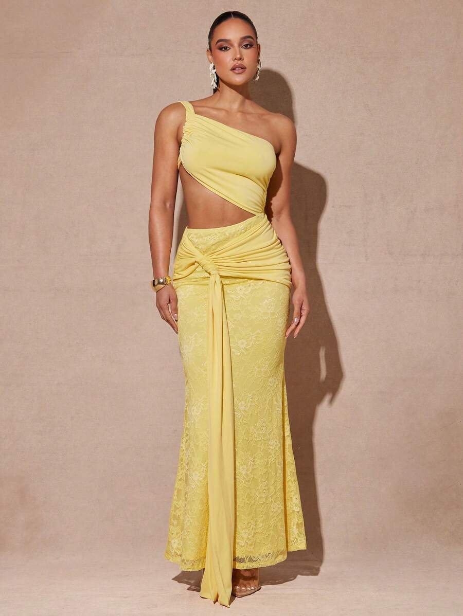 Silquee Women's Cream Yellow Sexy Hollow Asymmetric Neckline, Ribbon Dress, Vacation, Women's Vacation Wear, Beach Vacation Wear, Women's Vacation Wear - Yellow - View 1