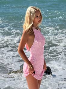 SHEIN ICON Neck Tie Waist Sequin Backless Flared Mini Party Dress, Pink - Pink - View 4