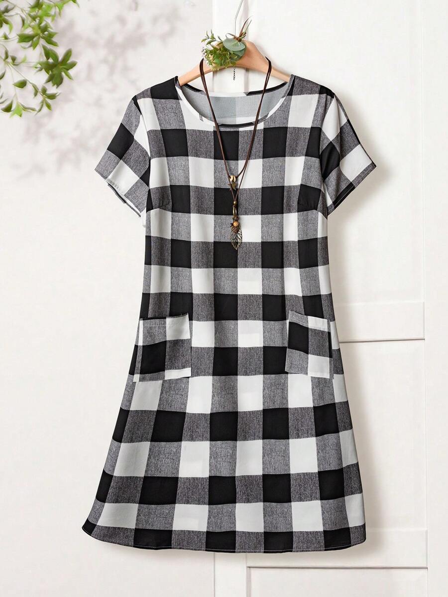 EMERY ROSE Vestido de mujer de tallas grandes de manga corta a cuadros en blanco y negro, para verano - Blanco y Negro - Ver 1
