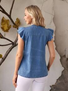SHEIN LUNE Women's Summer Single Breasted Mini Cap Sleeve Casual Denim Shirt Blouse - Blue - View 2