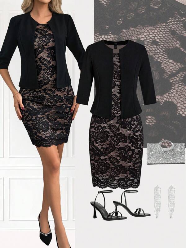 Ellevyn 2pcs Women Black Thin Jacket & Skirt Set, 3/4 Sleeve, Slim Fit, Elegant For Outing, Daily Wear & Social Events, Lace Spring Knitted Jacket Slim Round Neck Short Skirt Suit