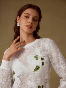 MOTF PREMIUM LACE FAUX PEARL EMBROIDERY FLORAL PATTERN SHEER TOP - White - View 7