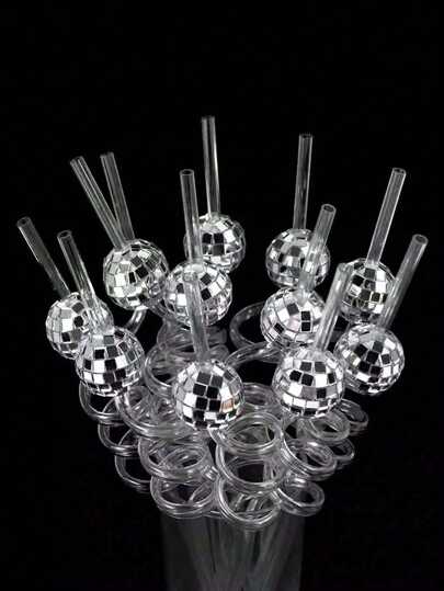 SHEIN 5/10PCS Reusable Plastic Disco Ball Straws, Disco Party Decorations, Party Favors, Mirrored Disco Ball Straws, 70s Disco Decorations, Straws Decorations For Dance Festival, Wedding, Birthday Supplies, Y2k Cool Decorations, Reusable, Kitchen, Graduation Party, Christmas Gift. 1PC
