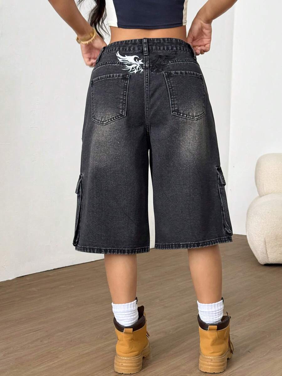 SHEIN 女式宽松阔腿休闲牛仔短裤，带刺绣和口袋