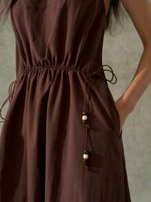 LYSMO 2025 Summer And Early Autumn Minimalist Style INS Blogger Style Brown Suspender Drawstring Dress For Festival Style, Birthday Party Outfits, Airport Style And Back To School Season - Khaki - View 4
