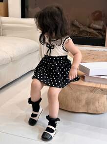 Dazy Kids 2pcs/Set Baby Girls' Casual Korean Style Cute Bow Sleeveless Top And Polka Dot Skirt Set - Black - View 4