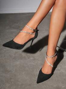 SHEIN X Lucía Bellido CUCCOO CHICEST 女士鞋水钻装饰尖头细高跟踝带仿麂皮黑色夏季鞋毕业高跟鞋舞会高跟鞋度假鞋夏季促销优雅高跟鞋返校鞋大学生鞋圣诞节秋季新年假期 - 黑色 - 查看 2