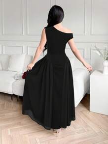 Modelyn 1 pieza Vestido formal de mujer elegante de color negro sólido con cuello asimétrico