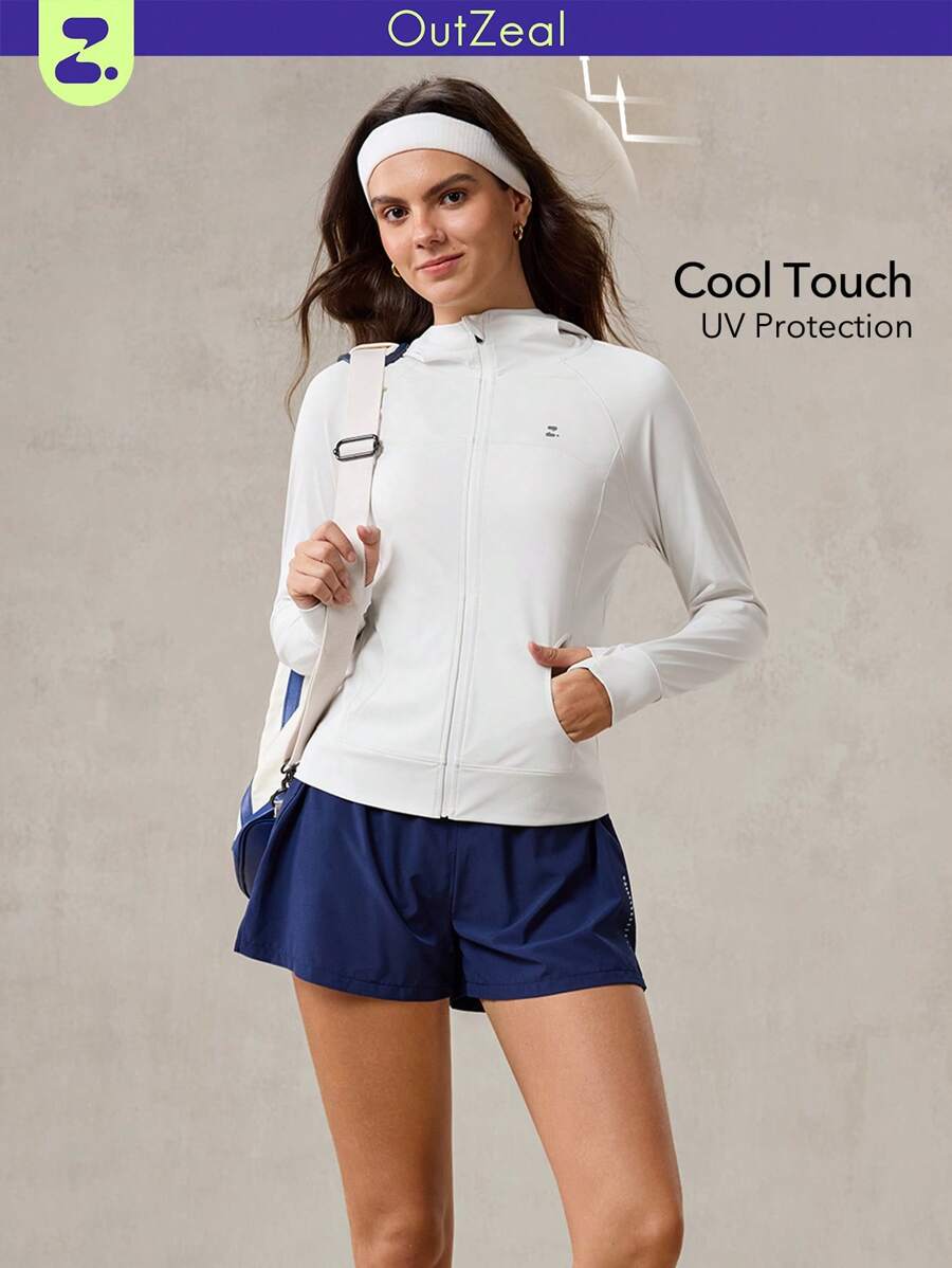 OutZeal 防紫外线 UPF50+ 凉爽触感透气连帽防晒夹克日常休闲 - 白色 - 查看 1