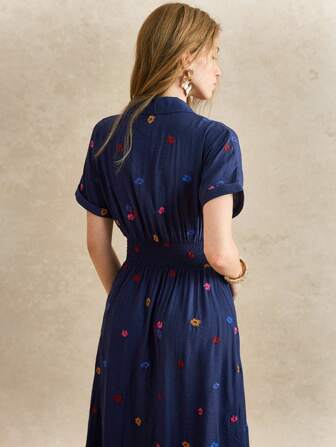 Écloséra Women's Elegant Lapel Short Sleeves Tie Contrast Color Embroidered Flowers Long French Holiday Dress Women's Summer Clothing Women's Summer Dress Female Holiday Wear