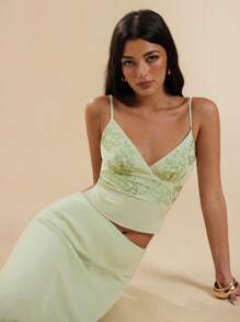 SHEIN BAE Elegant Rhinestone-Studded Camisole And Skirt Set, Summer - Green - View 7