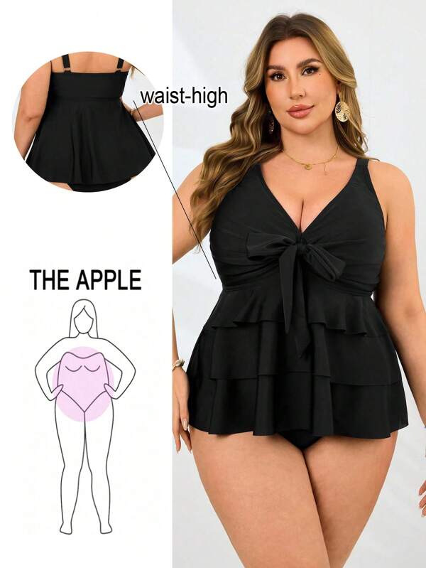 Swim Lushoire Conjunto de tankini feminino plus size, cor sólida, multicamadas, com calcinha triangular