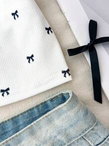 Camiseta de manga corta con cuello redondo y estampado de mariposas con acanalado blanco, estilo teen girls para primavera y verano, día de San Valentín, en casa, estilo "clean girl/preppy", y estilo Y2K