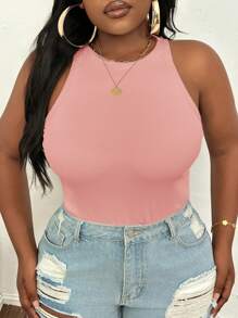 SHEIN PETITE CURVE 大码休闲基本款修身白色圆领露肩背心 - 粉色 - 查看 8