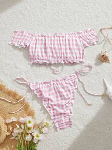 SHEIN MOD 1pc Ruffled Off Shoulder Top With Bowknot Triangle Bottom 2 Pieces Swimsuit, Pink, Cute, Kawaii - Pink - View 2