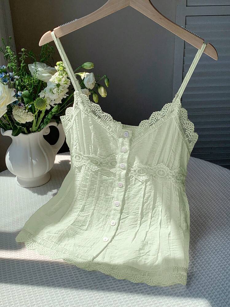 Comfortcana Women Solid Color Lace Splicing Button Design Summer