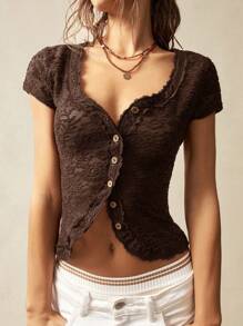 Bohemela 女士纯色针织蕾丝花边 V 领修身衬衫 - 棕色 - 查看 6