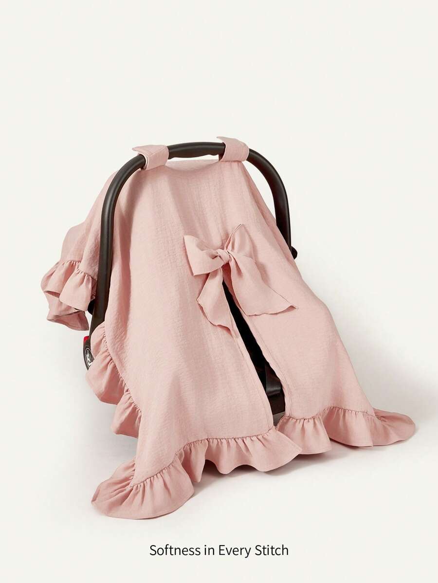 Cozy Pixies 1 件粉色雪纺蕾丝荷叶边蝴蝶结装饰婴儿车罩，防晒、防尘、防风、防虫，适合春夏季户外使用 - 藕粉色 - 查看 1