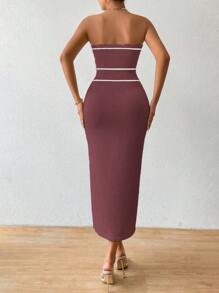 Chiquease 秋冬女士针织露肩连衣裙，性感高开叉连衣裙，度假风 - 巧克力棕 - 查看 2
