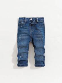 SHEIN Pantalones vaqueros negros de denim suaves, casuales y con rotos en forma de bigotes de gato, de gran elasticidad, para bebés niños, casual y versátil para ropa de otoño/invierno interior/exterior - Azul lavado oscuro - Ver 1