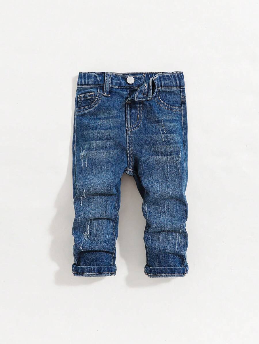 SHEIN Pantalones vaqueros negros de denim suaves, casuales y con rotos en forma de bigotes de gato, de gran elasticidad, para bebés niños, casual y versátil para ropa de otoño/invierno interior/exterior - Azul lavado oscuro - Ver 1