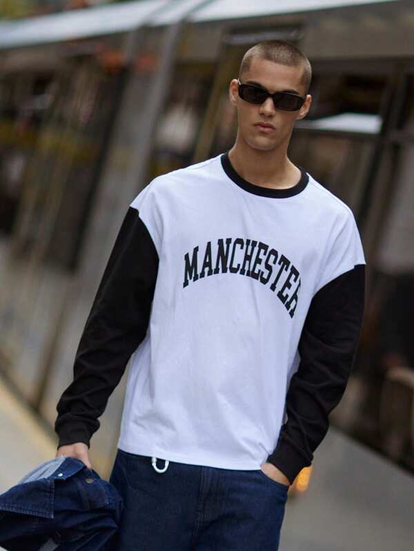 Musero חולצת סקייטר עם שרוולים ארוכים, שרוולים מנוגדים בסגנון רטרו, סלוגן מרכזי, קיץ, אביב