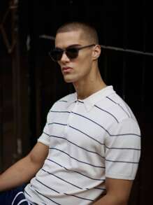 Musero Pinstripe Short Sleeve Button Up Polo Abstract Top Summer Spring Holiday Vacation - Multicolor - View 2