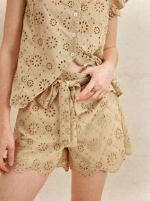 Écloséra 女装优雅盖袖吊带短款刺绣镂空休闲度假两件套度假两件套夏季套装女休闲套装女度假装