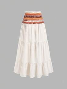 Sweetra 女士夏季春季海滩度假波西米亚风米色拼布异形荷叶边腰带抽绳流苏边饰长裙