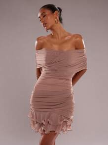 SHEIN BAE 女士优雅纯色露肩褶饰修身荷叶边迷你连衣裙，适合夏季、生日服装、俱乐部服装、外出服装、毕业礼服、女士夏季连衣裙、优雅派对连衣裙 - 藕粉色 - 查看 5