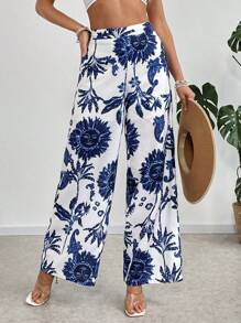 SHEIN Privé Women's Elegant Commute & Casual Vacation Blue & White Floral Print High Waist Palazzo Pants - Blue and White - View 6