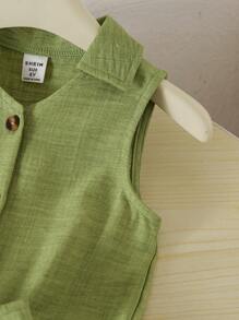 Genkimix Kids 女孩休闲度假百搭领扣腰带柔软褶皱牛仔连体裤，适合秋季、野餐、郊游、搭配服装和日常穿着 - 綠色 - 查看 4