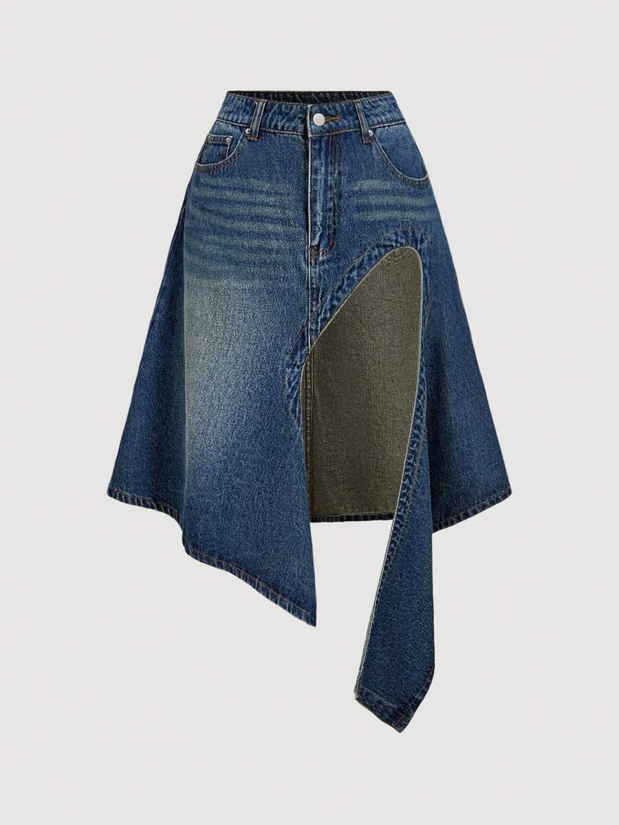 SHEIN MOD Váy denim xẻ tà không đối xứng cho nữ - Màu xanh lam - Xem 1