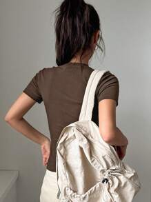 DAZY 女士修身纯色休闲圆领短袖 T 恤 - 巧克力棕 - 查看 5