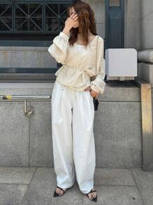 FRIFUL 女式夏季系带褶饰休闲衬衫上衣，适合商务和休闲长袖上衣 - 黃色 - 查看 2