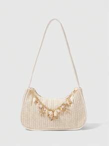 ROMWE Fairycore 1 Set Of Floral Crochet Beach Tote Bag & Accessories, Fashionable Personalized Beach Resort Style Women's Shoulder Bag (Includes 1 Bag And 1 Set Of Accessories)