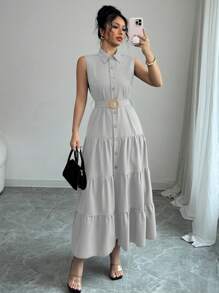 Elenzga Women Casual Solid Color Front Button Long Dress - Grey - View 7
