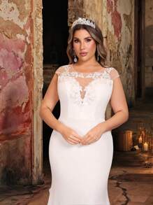 Glamrae Váy cưới cô dâu cổ thuyền màu trắng thanh lịch lãng mạn cỡ lớn với họa tiết thêu hoa, trang trí xuyên thấu hở lưng, hình bóng nàng tiên cá và đuôi tàu - trắng - Xem 4