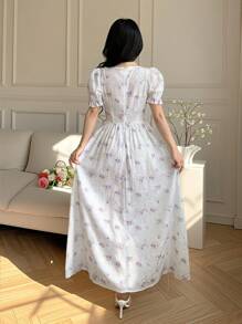 Modelyn Spring/Summer Puff Sleeve Round Neck Lace Trim Slim Fit Flare Hem Dress - Multicolor - View 2