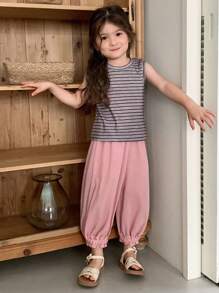 DAZY 2Pcs/Set Young Girls Round Neck Sleeveless Striped T-Shirt + Wide Leg Culottes, Outfit,Girls Summer Outfits - Mauve Purple - View 3