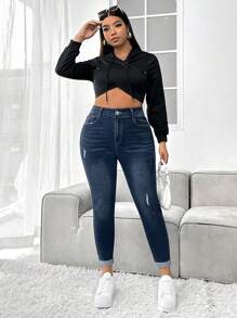 Firerie 大码女式破洞口袋紧身休闲牛仔裤 - 深色水洗藍 - 查看 4