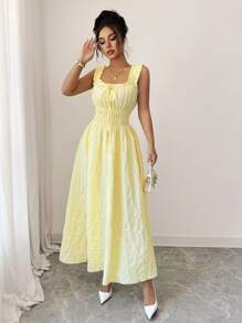 Elenzga New Woven Texture Floral Fabric Dress For Women, Spaghetti Strap Bowknot Design Waist Gathering A-Line Fashionable Versatile Elegant Refined