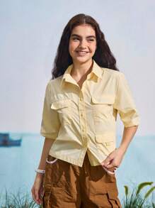 In My Nature Women's Outdoor Casual Sports Utility Button Pocket Short Sleeve Shirt - Yellow - View 9