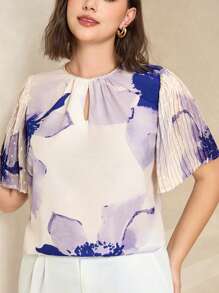 Chikora Áo cánh tay bồng thêu hoa thanh lịch cỡ lớn dành cho nữ, trang phục công sở mùa hè cỡ lớn dành cho nữ - Nhiều màu - Xem 3