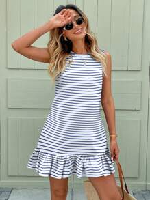 SHEIN LUNE Women's Casual Striped Pattern Mini Dress, Suitable For Spring & Summer Chic Dress - Multicolor - View 3