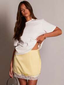 Athîral Women's Butter Yellow Lace Trim Mini Skirt, Spring Summer - Yellow - View 1