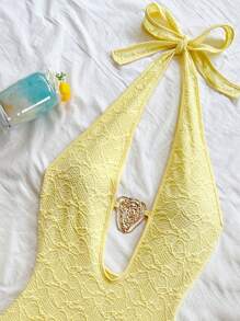 Soleia New Texture Halter Backless Tie Strap Mini Dress With Metal Decor, Blue - Yellow - View 5