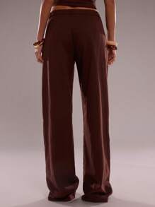 SHEIN BAE 女式休闲纯色直筒裤 - 鏽棕色 - 查看 2